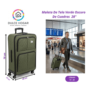 MALETA DE TELA VERDE OSCURO DE CUADROS 28´´