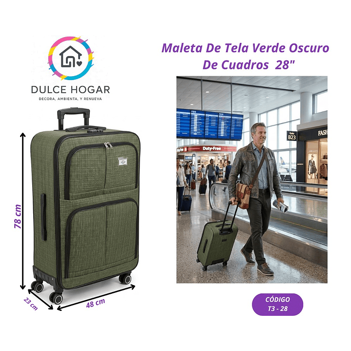 MALETA DE TELA VERDE OSCURO DE CUADROS 28´´ 1