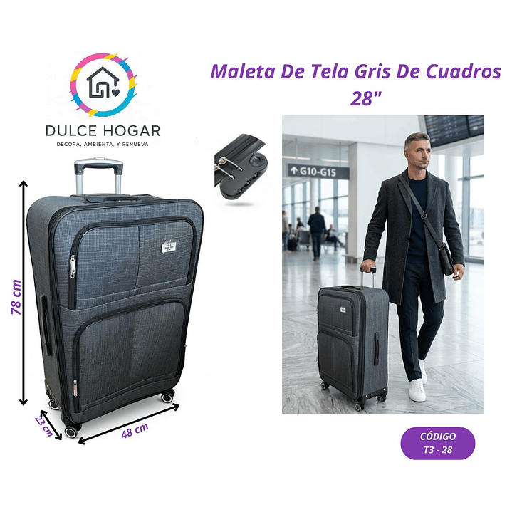 MALETA DE TELA GRIS DE CUADROS 28´´ 1