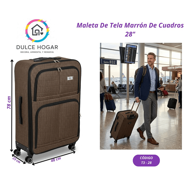 MALETA DE TELA MARRON DE CUADROS 28´´ 1