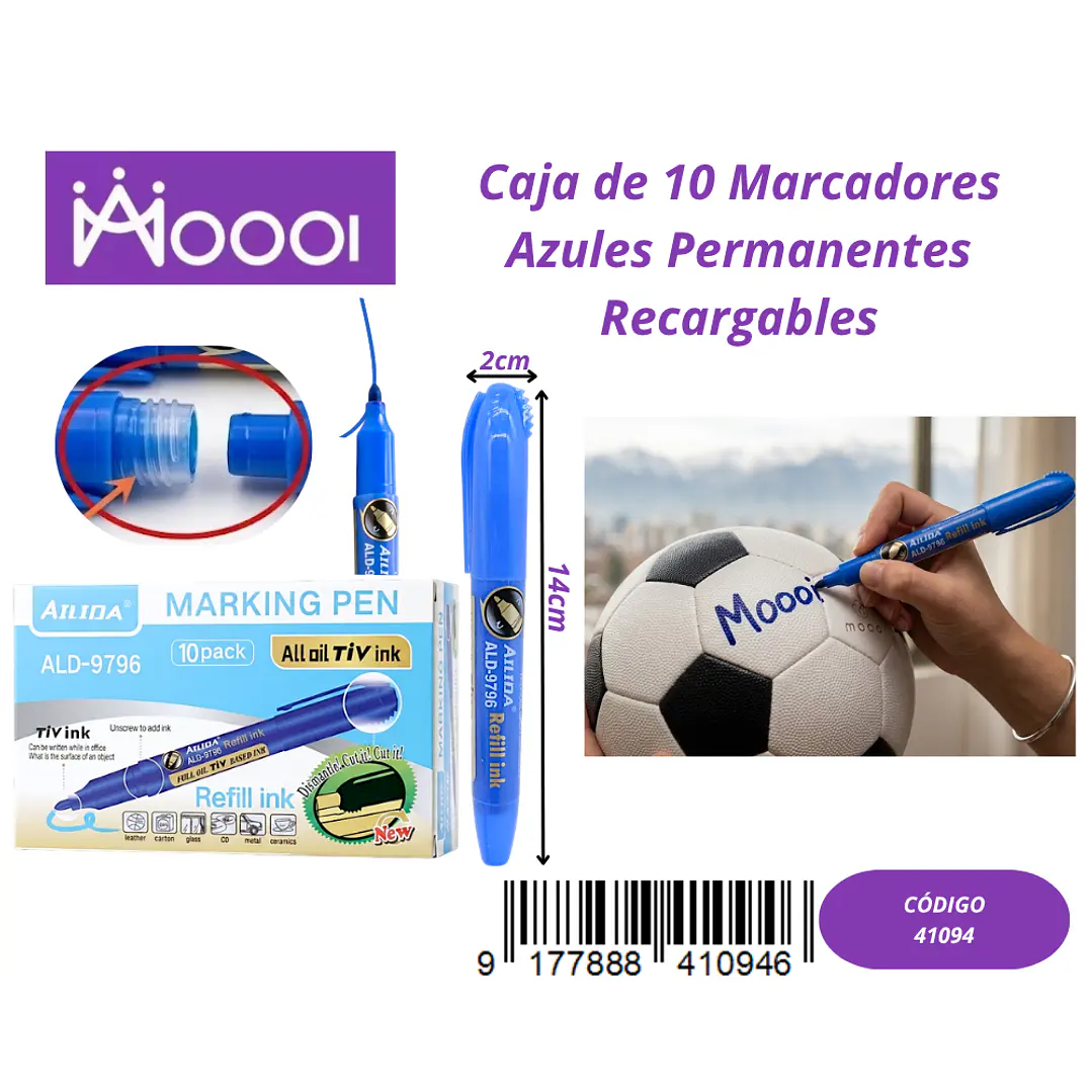 CAJA DE 10 MARCADORES AZUL PERMANENTE RECARGABLES Precio publicado al por mayor 3 unidades del mismo 1