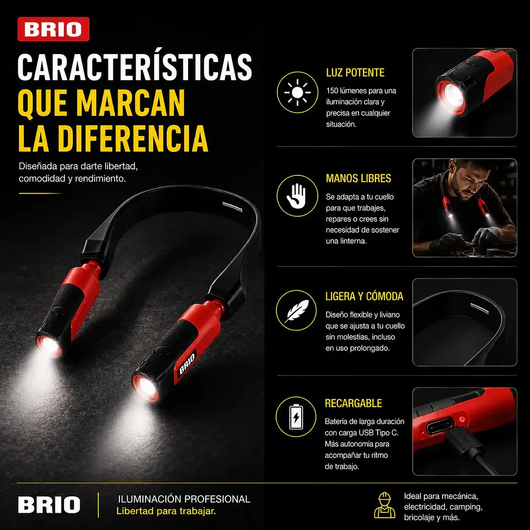 Linterna Led Para Cabeza y Cuello 2 Focos 150 Lúmenes Recargable 5