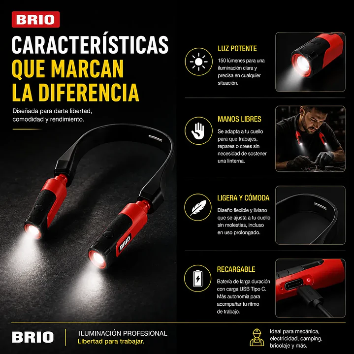 Linterna Led Para Cabeza y Cuello 2 Focos 150 Lúmenes Recargable 5