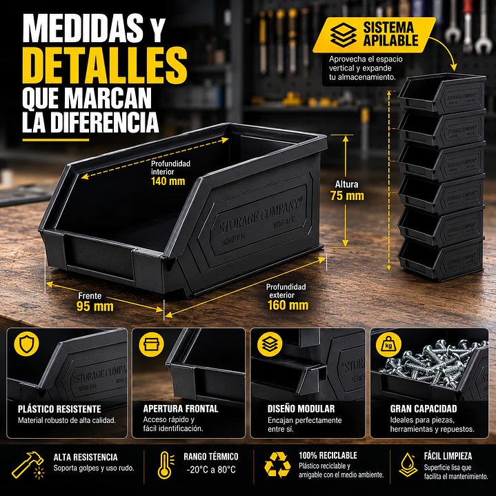 Kit X 10 Cajas Apilables Plásticas 16x 9,5x 7,5 Cms 1PLZ 3