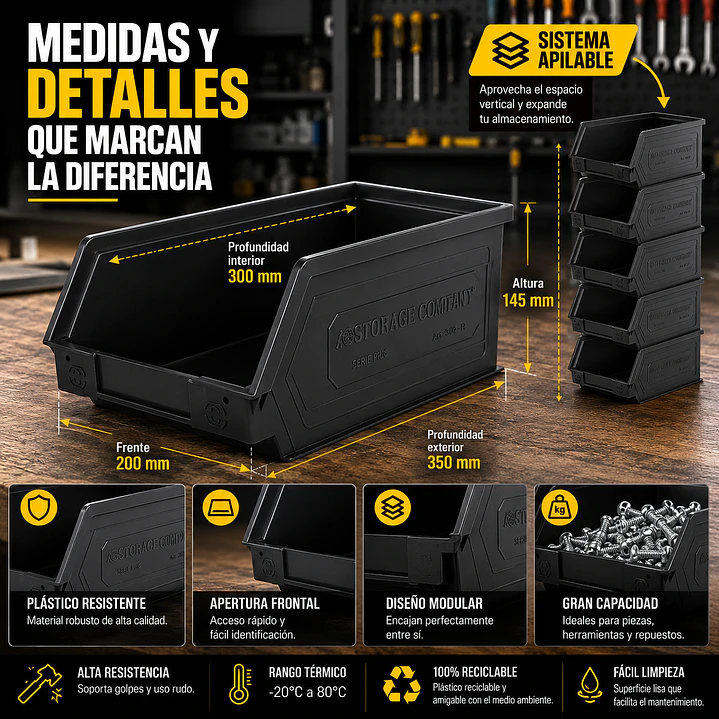 Kit X 10 Cajas Apilables Plásticas 35 x 20 x 14,5 Cms 3A2PL 3