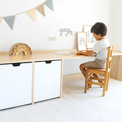 Mueble escritorio con bordes madera blanqueada / 2 cajones con ruedas 