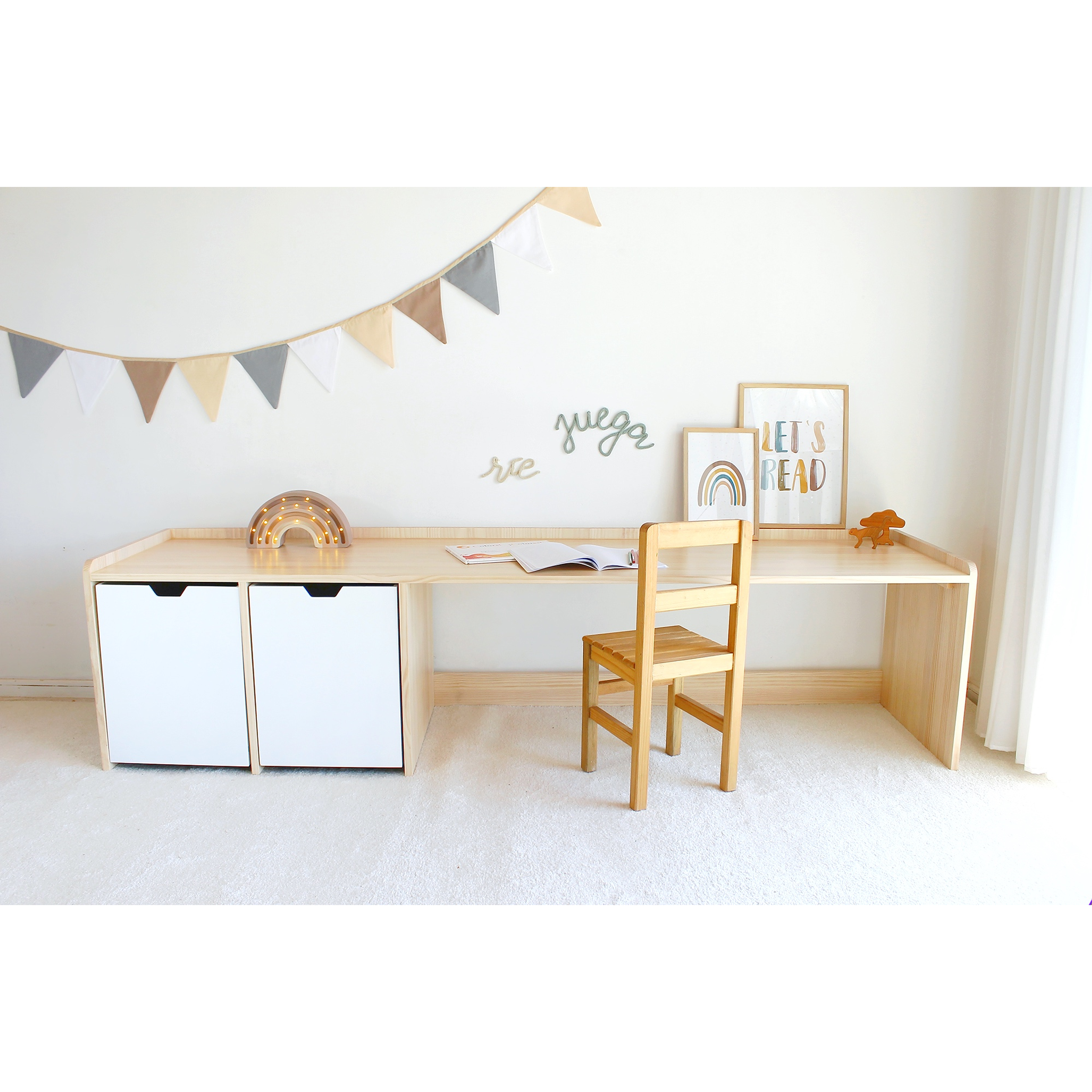 Mueble escritorio con bordes madera blanqueada / 2 cajones con ruedas  5