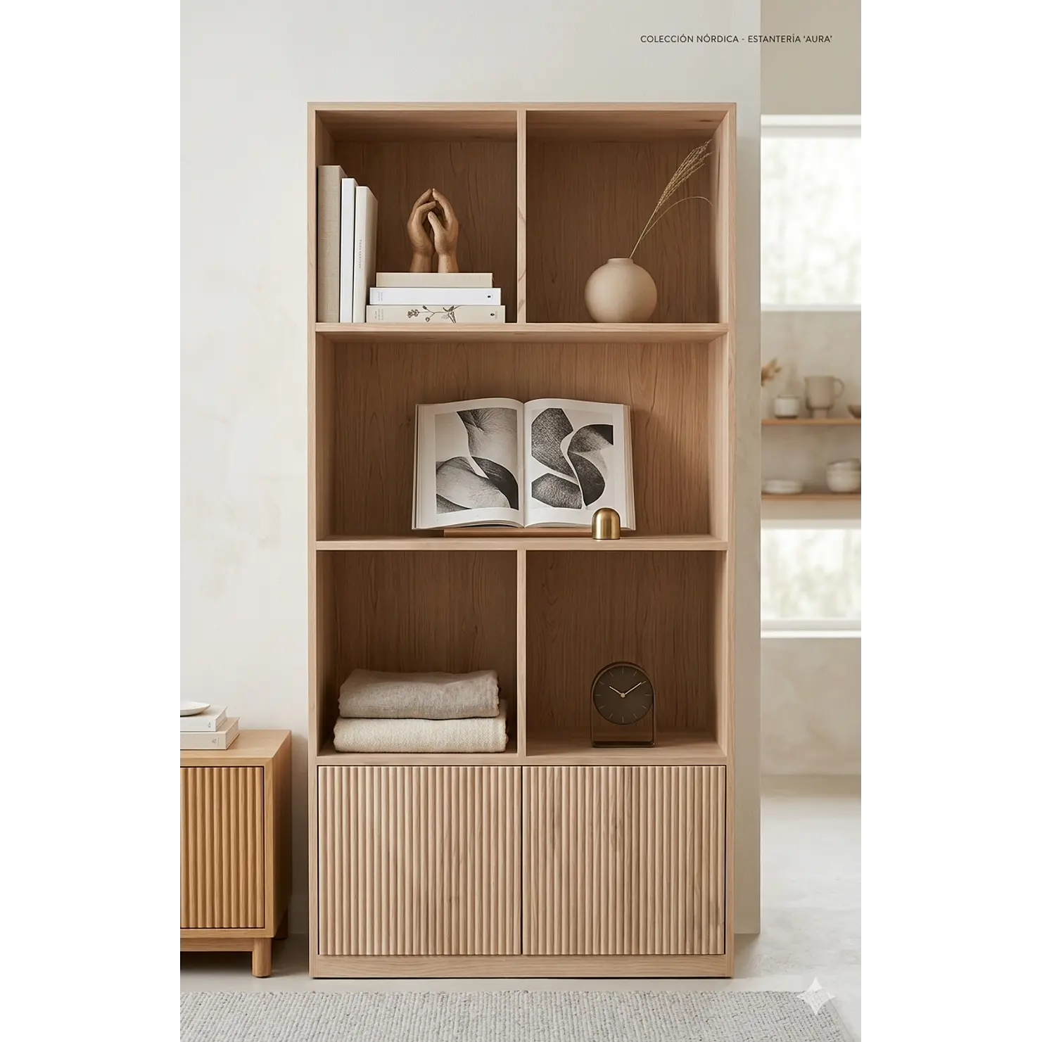 Mueble librero Aura  / Madera blanqueada con puertas de palilaje redondeado  1