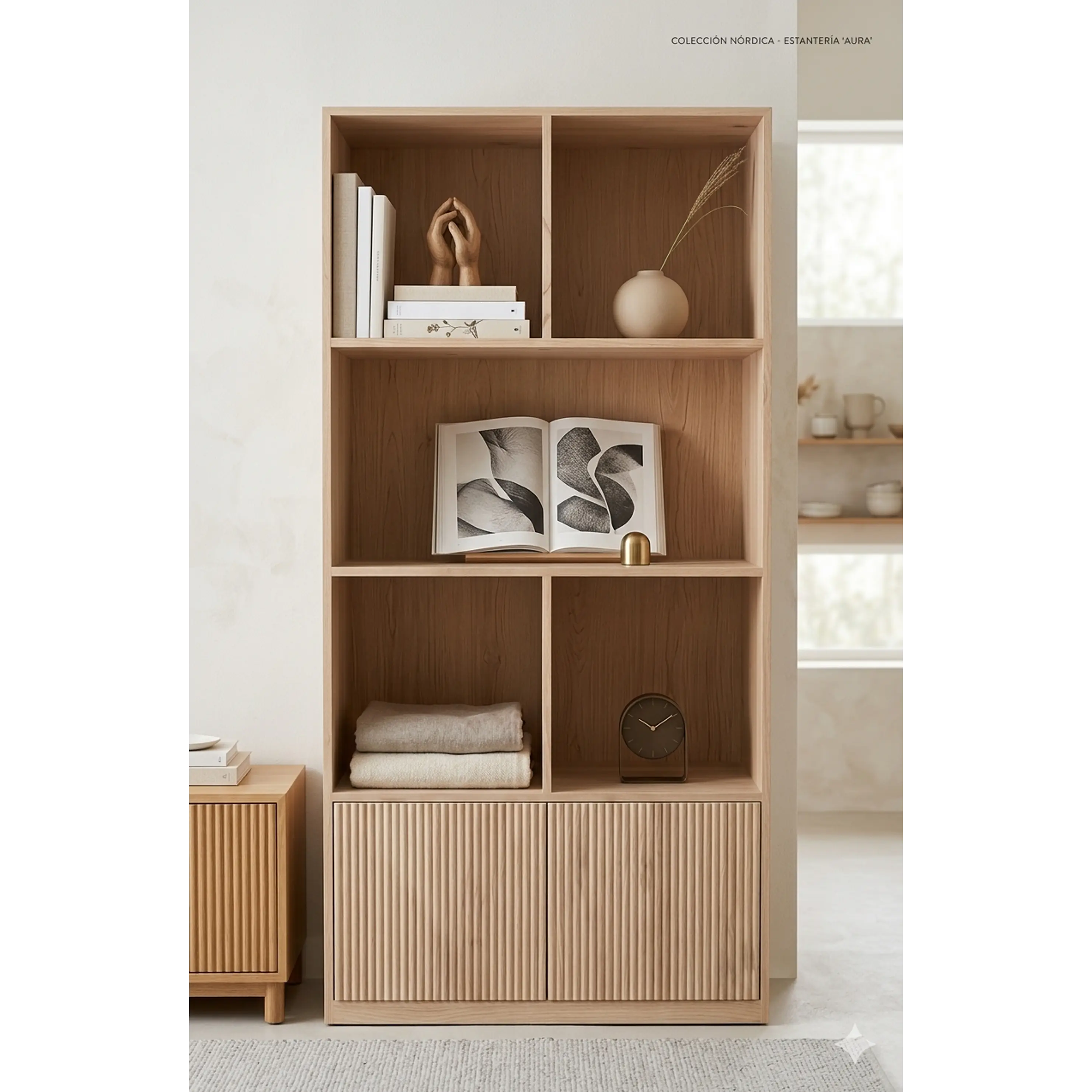 Mueble librero Aura  / Madera blanqueada con puertas de palilaje redondeado  1