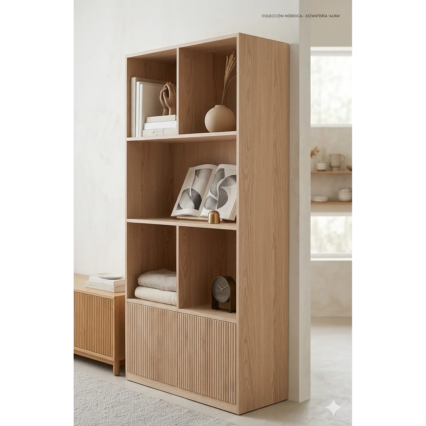 Mueble librero Aura  / Madera blanqueada con puertas de palilaje redondeado  2