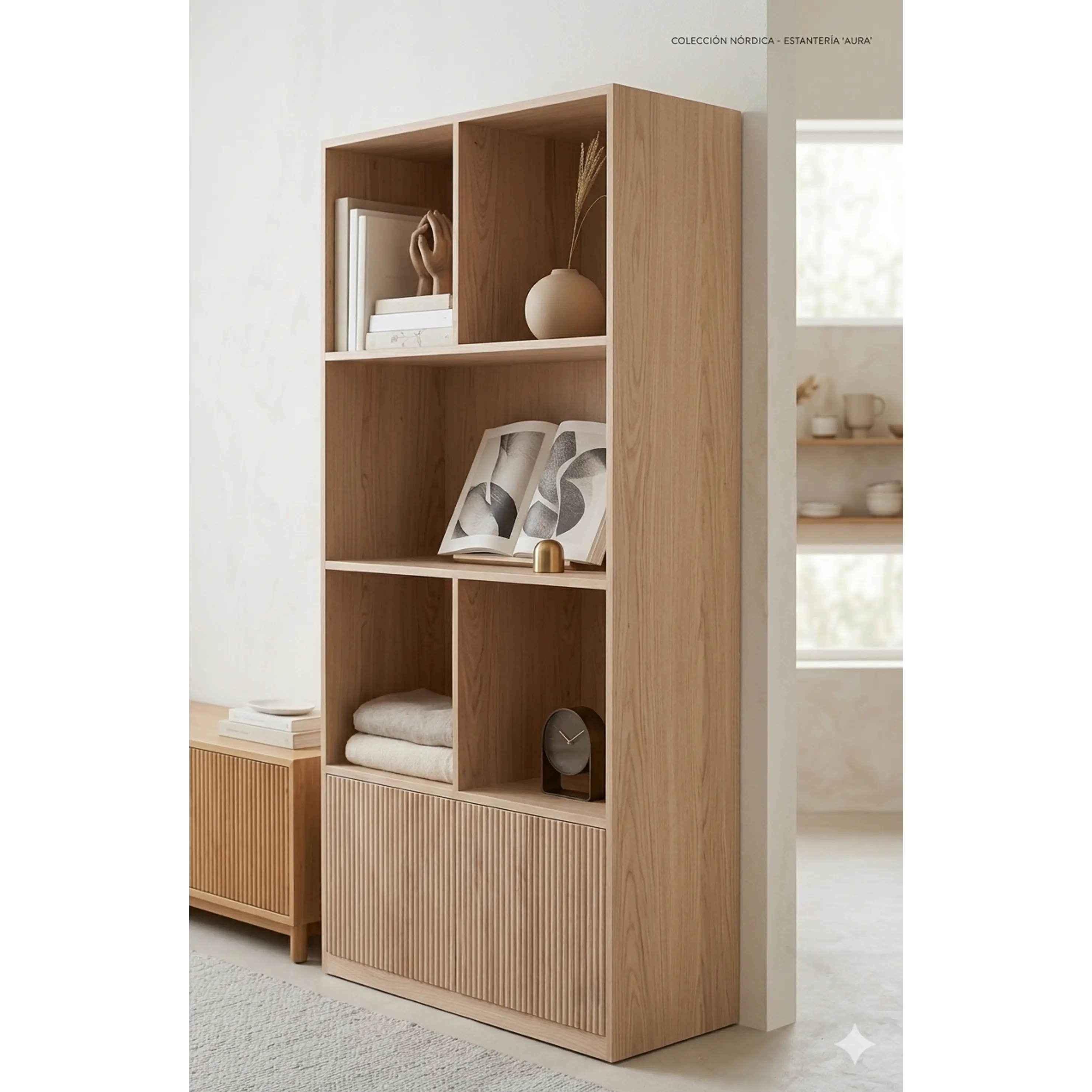 Mueble librero Aura  / Madera blanqueada con puertas de palilaje redondeado  2