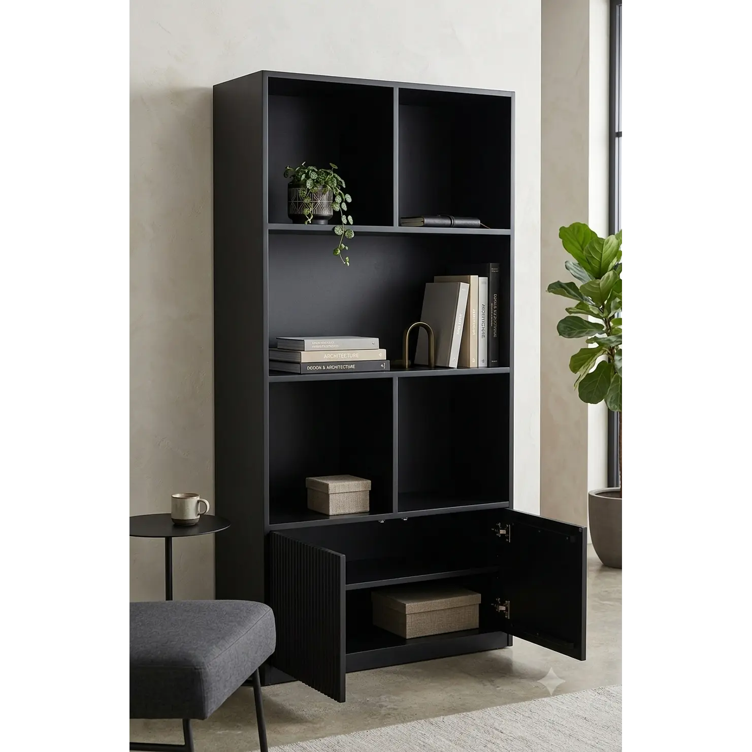 Mueble librero Aura  / Madera blanqueada con puertas de palilaje redondeado  4