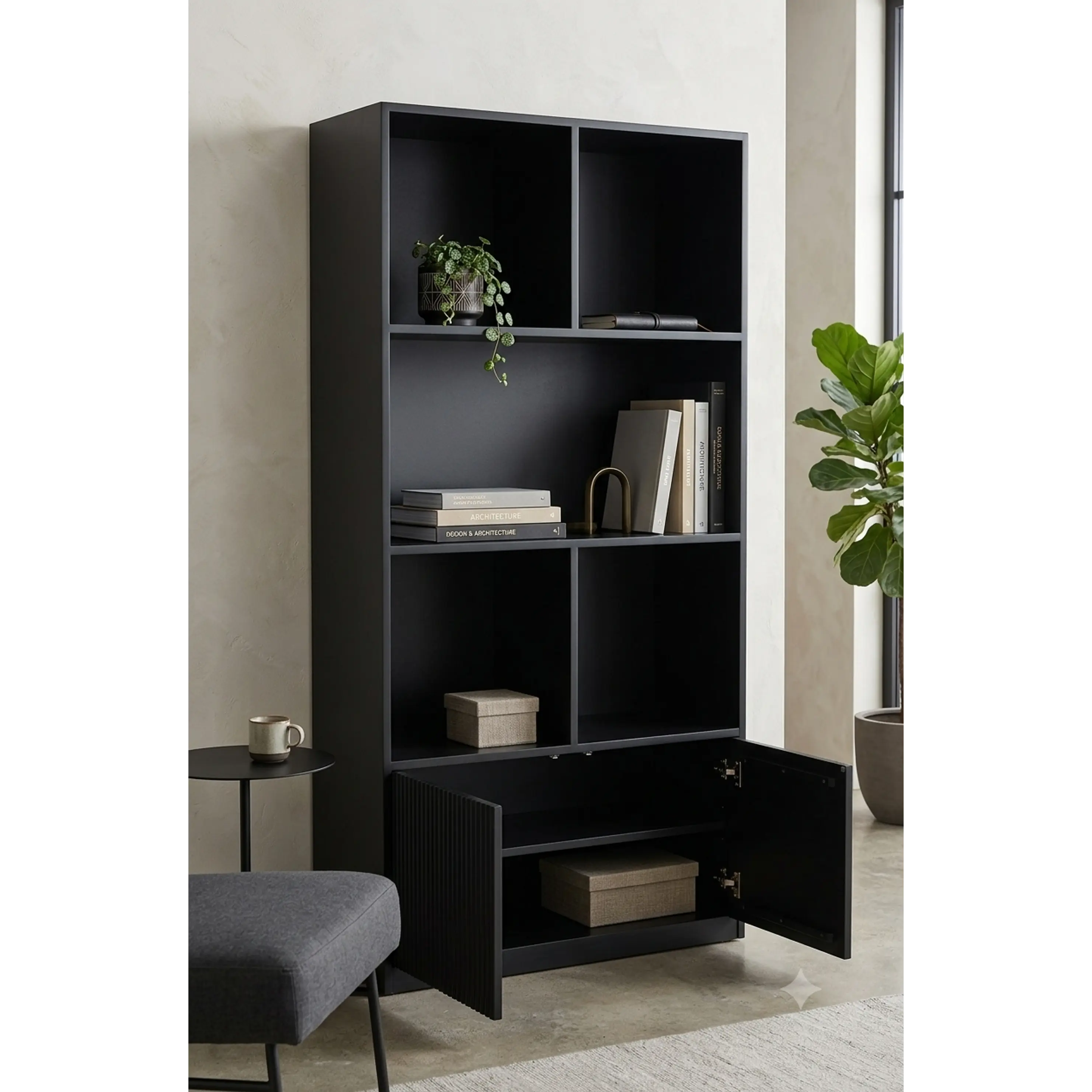 Mueble librero Aura  / Madera blanqueada con puertas de palilaje redondeado  4