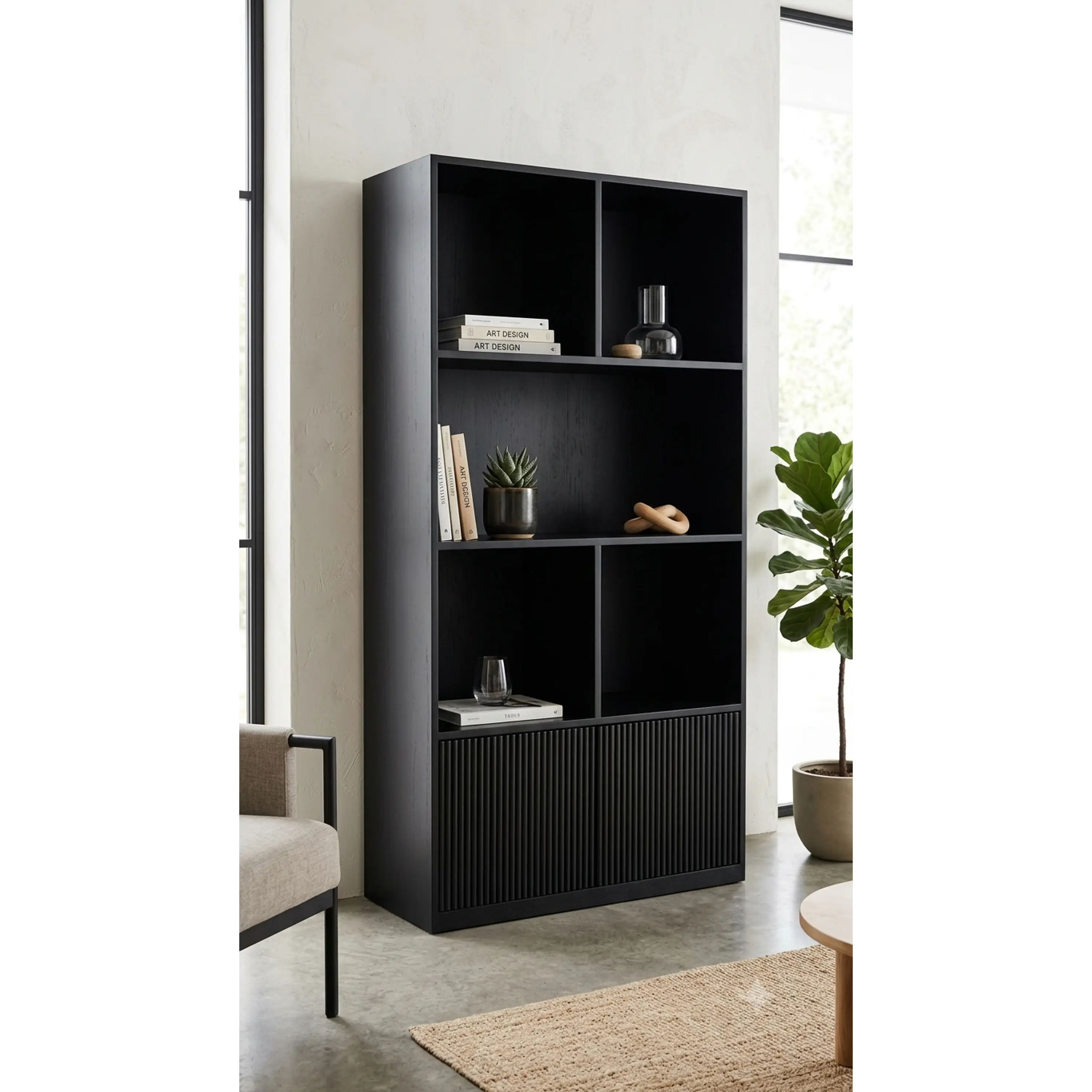 Mueble librero Aura  / Madera blanqueada con puertas de palilaje redondeado  2