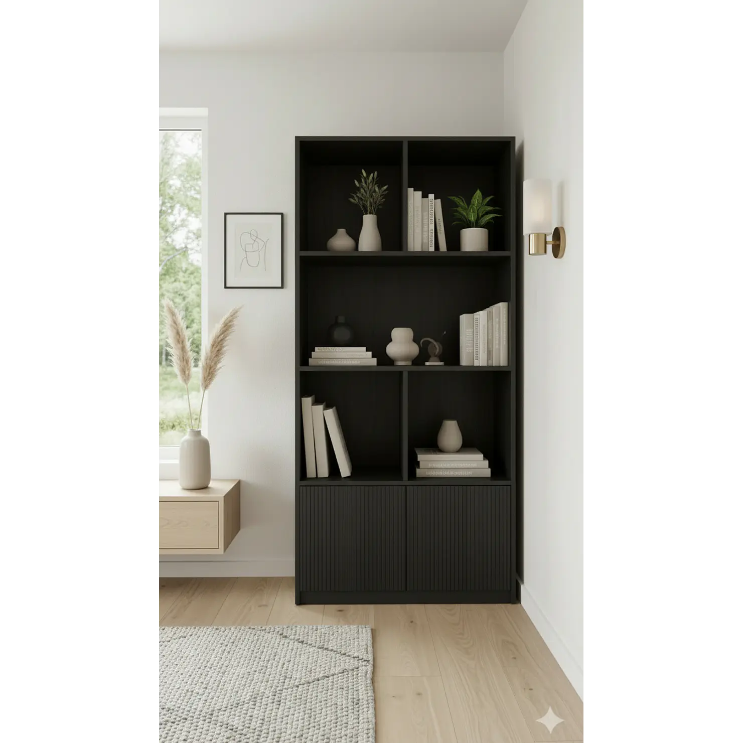 Mueble librero Aura  / Madera blanqueada con puertas de palilaje redondeado  3