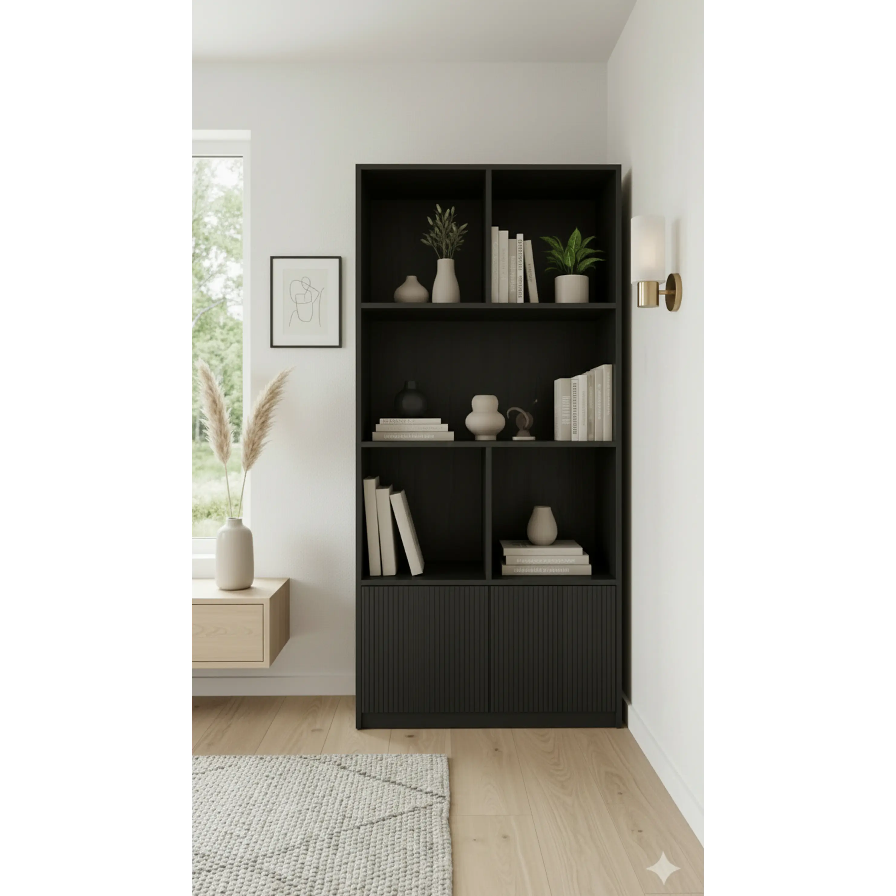 Mueble librero Aura  / Madera blanqueada con puertas de palilaje redondeado  3