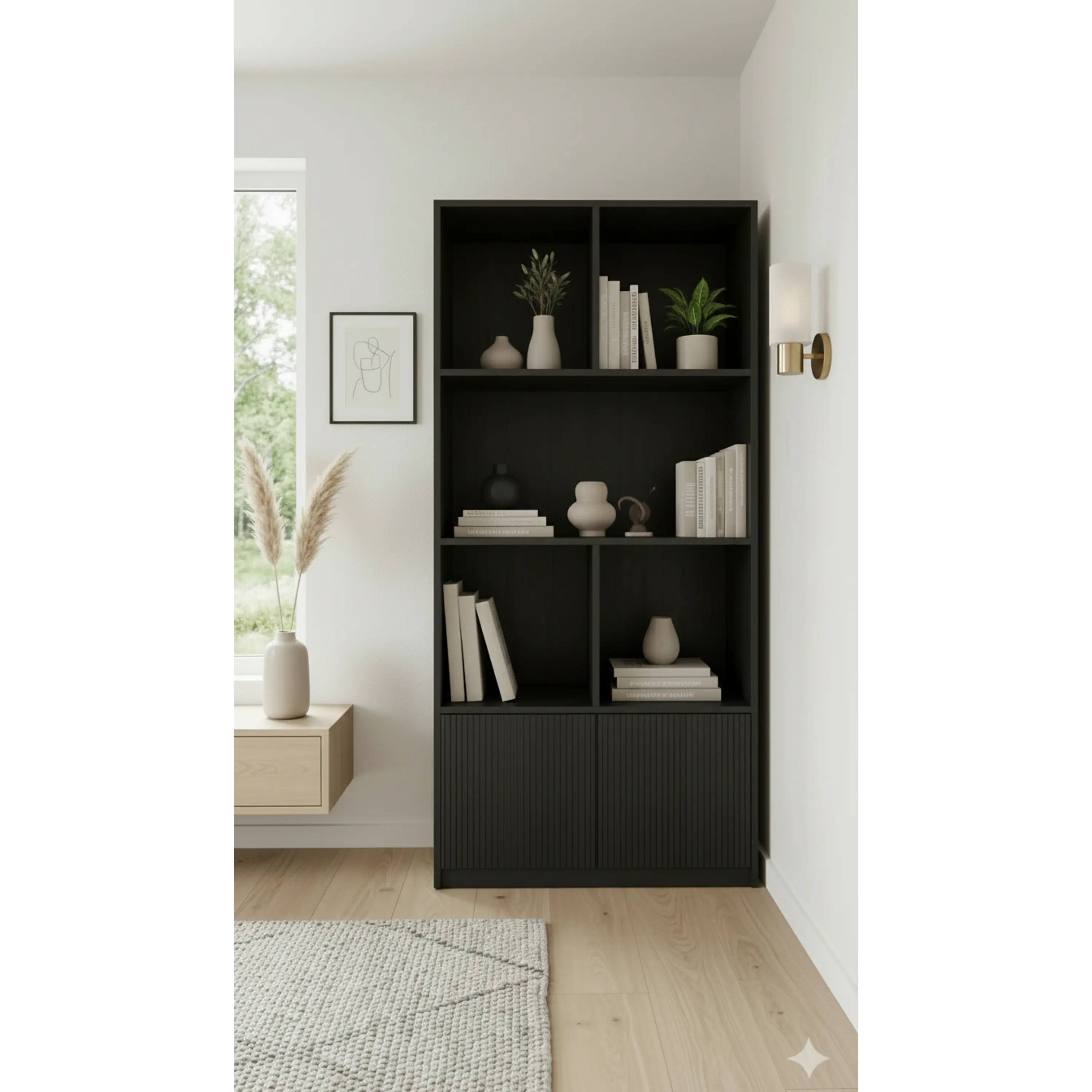 Mueble librero Aura  / Madera blanqueada con puertas de palilaje redondeado  3