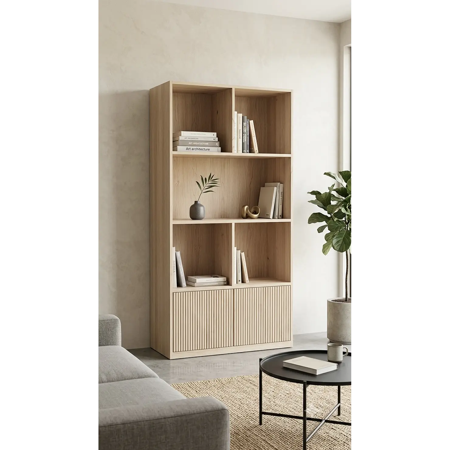 Mueble librero Aura  / Madera blanqueada con puertas de palilaje redondeado  1
