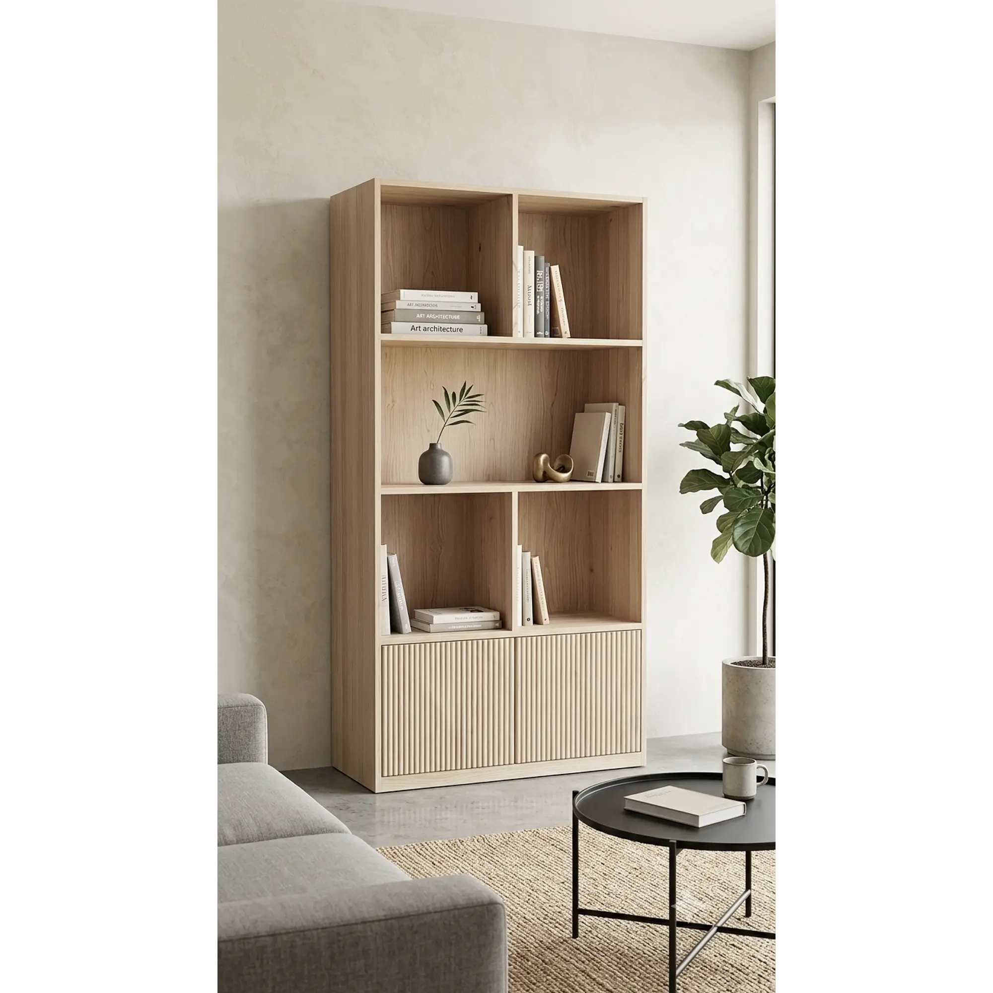 Mueble librero Aura  / Madera blanqueada con puertas de palilaje redondeado  1