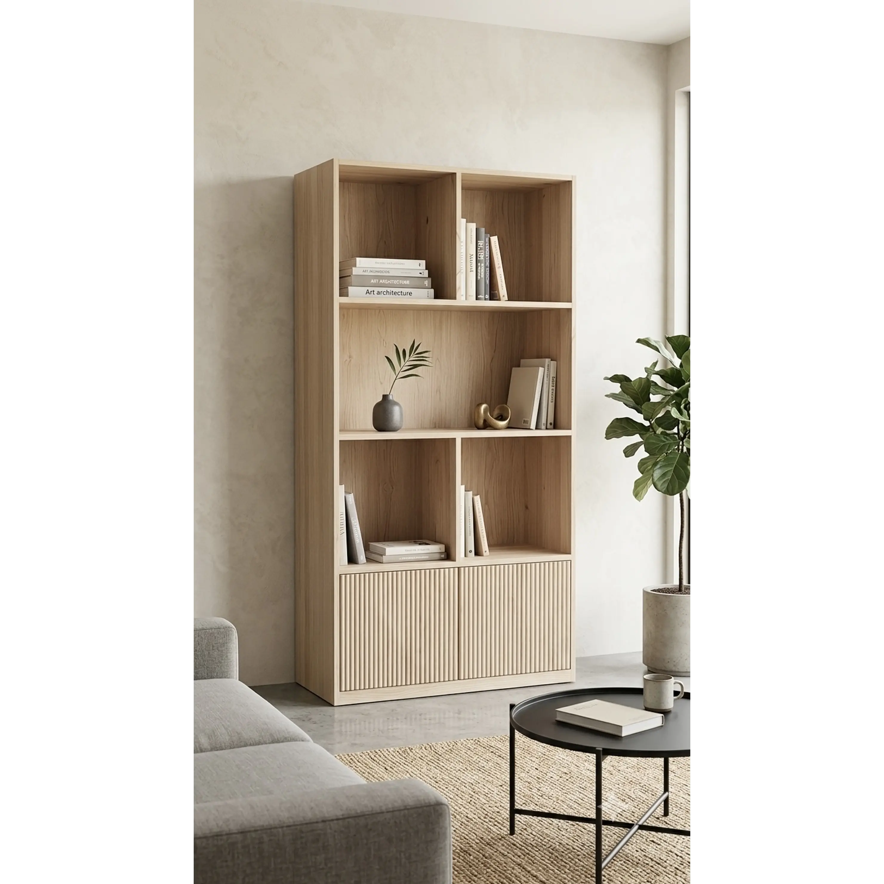 Mueble librero Aura  / Madera blanqueada con puertas de palilaje redondeado  1