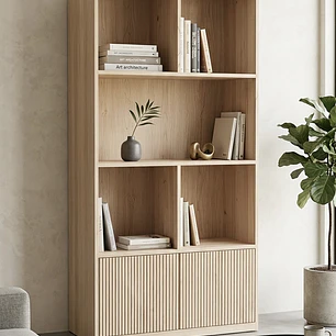 Mueble librero Aura  / Madera blanqueada con puertas de palilaje redondeado 