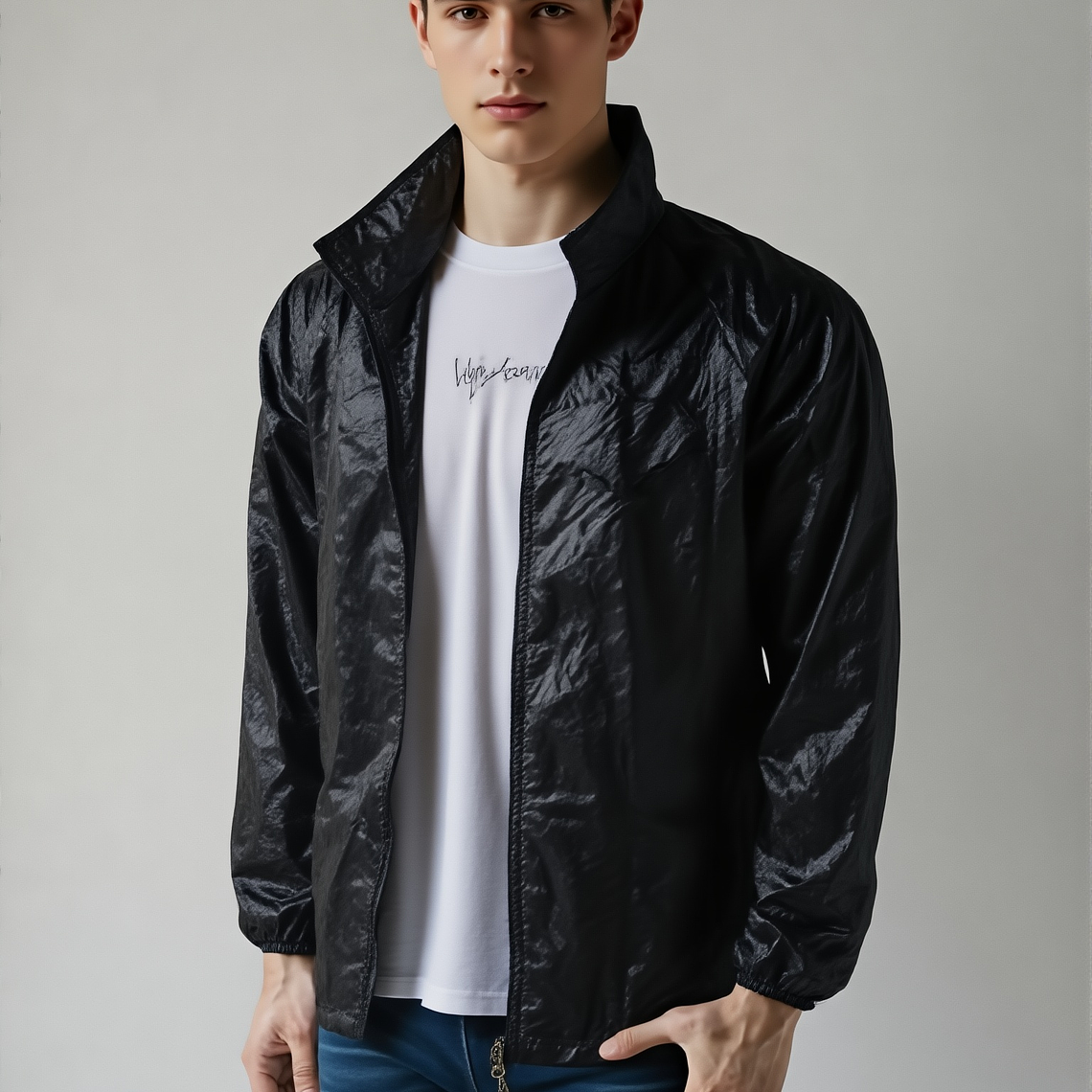 Chaqueta Cortaviento Negro Impermeable Con Gorro Unisex Lightseam 4