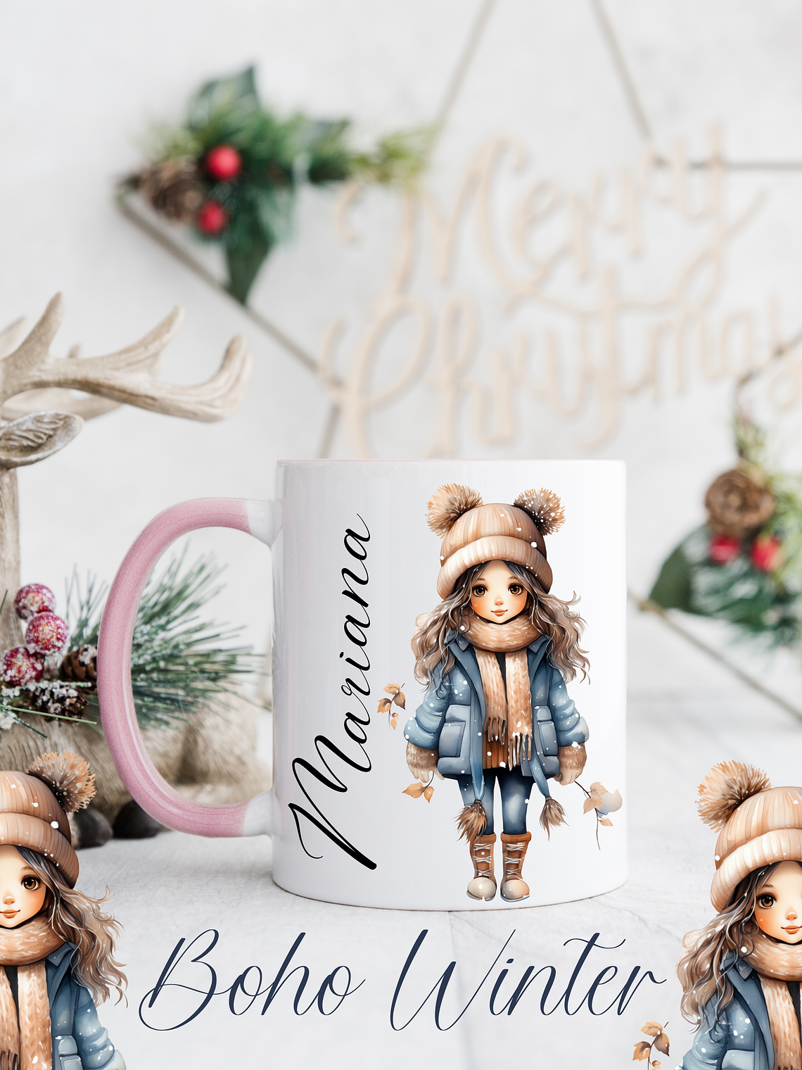 Caneca Cerâmica Natal Personalizada Boho Winter  - Com Nome 2