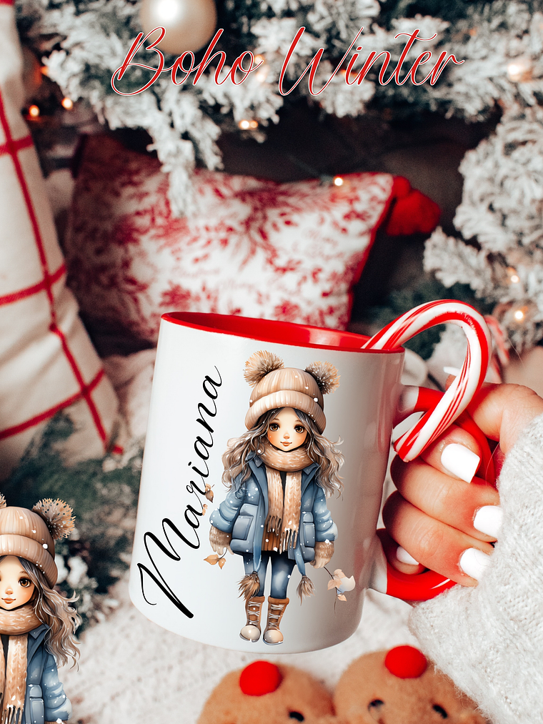 Caneca Cerâmica Natal Personalizada Boho Winter  - Com Nome 1