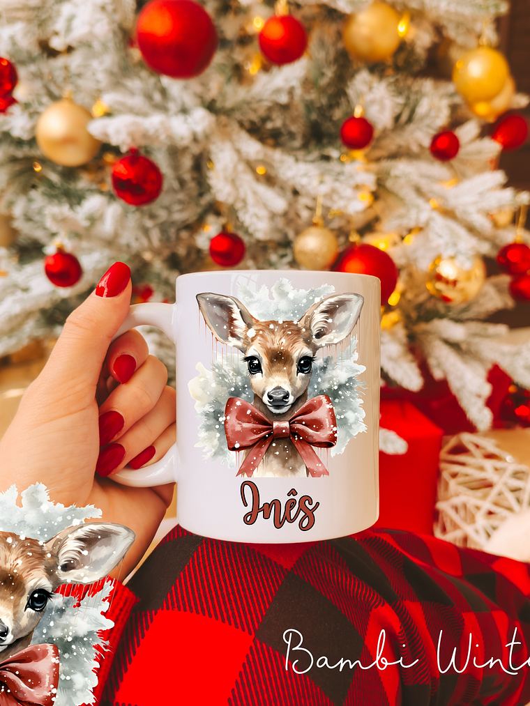 Caneca Cerâmica Natal Personalizada Bambi Winter - Com Nome 4