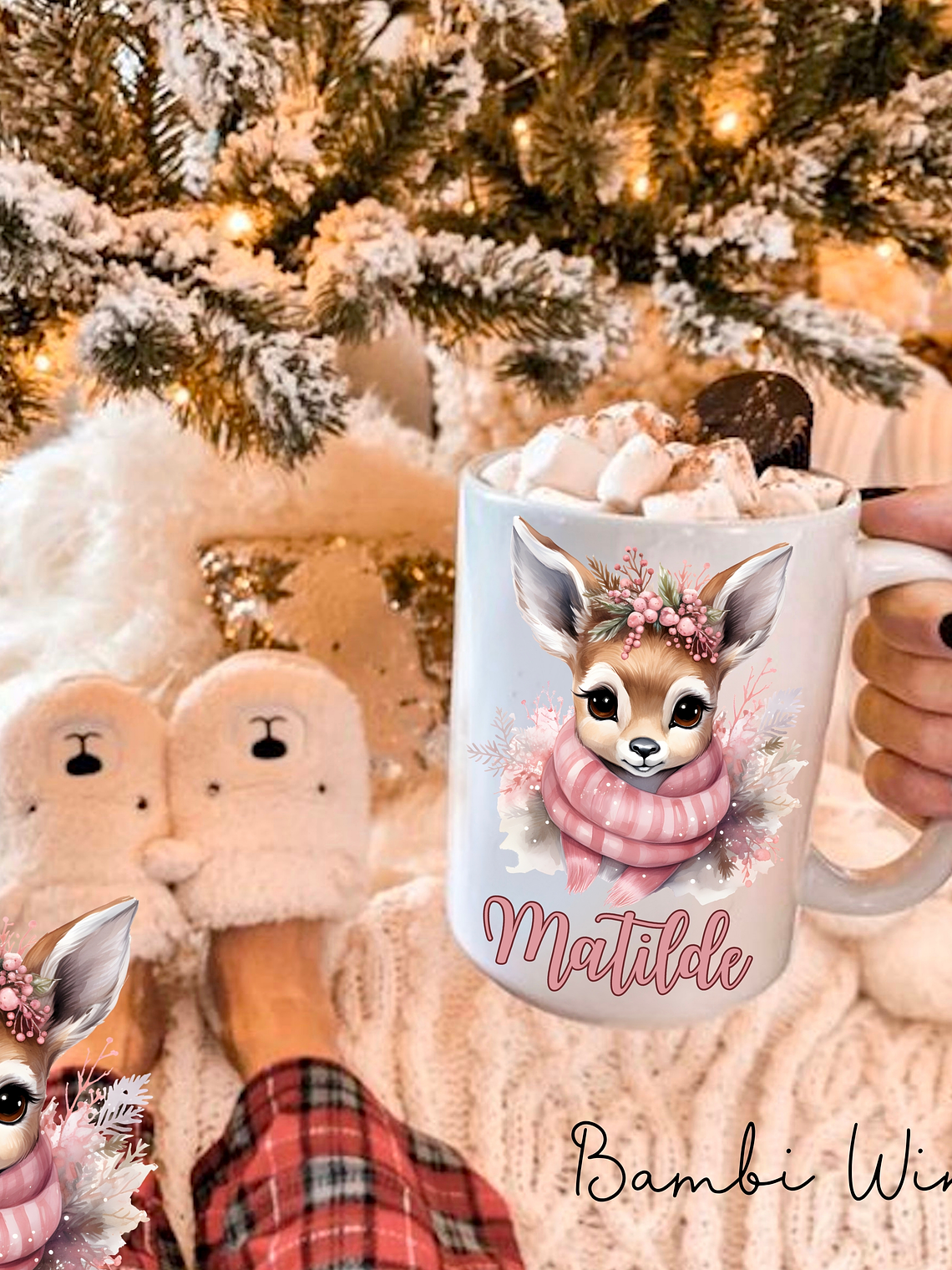 Caneca Cerâmica Natal Personalizada Bambi Winter - Com Nome 2