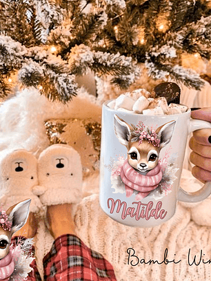 Caneca Cerâmica Natal Personalizada Bambi Winter - Com Nome