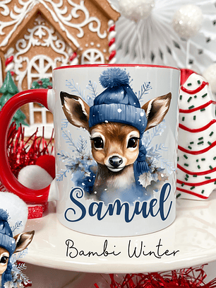 Caneca Cerâmica Natal Personalizada Bambi Winter - Com Nome
