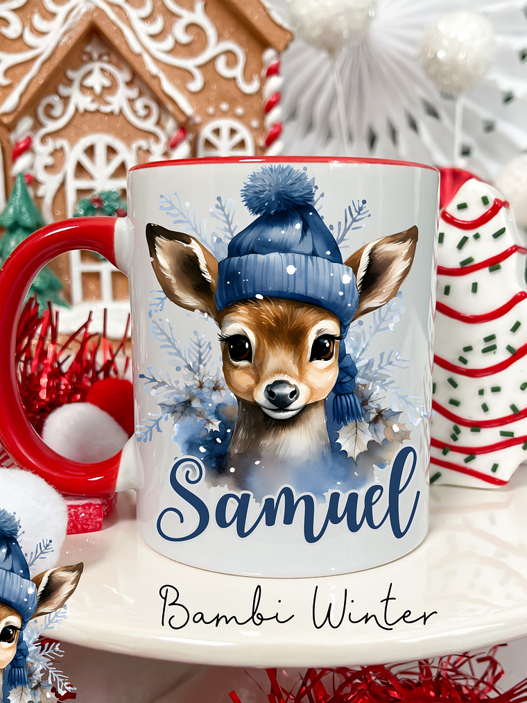 Caneca Cerâmica Natal Personalizada Bambi Winter - Com Nome 1