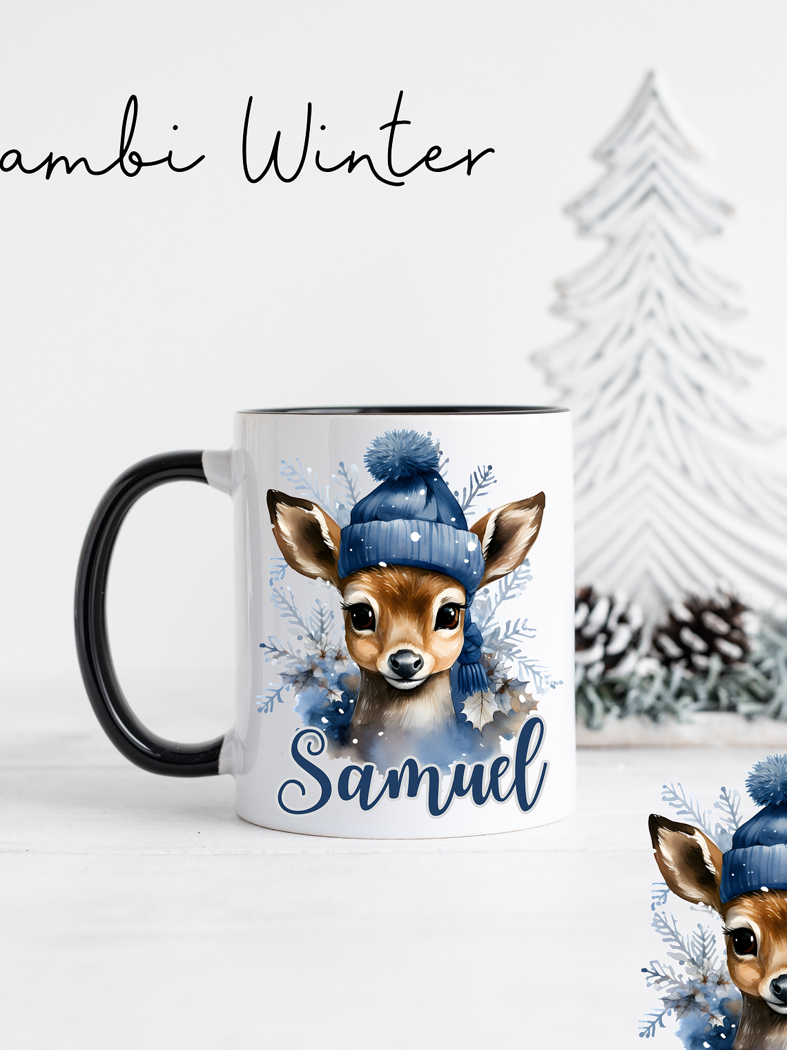 Caneca Cerâmica Natal Personalizada Bambi Winter - Com Nome 5