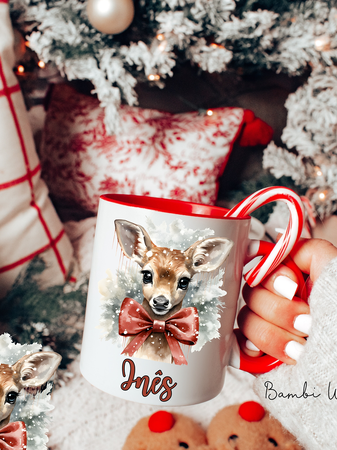 Caneca Cerâmica Natal Personalizada Bambi Winter - Com Nome 2