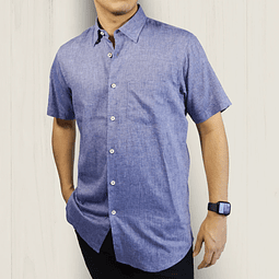 Camisa Lino Manga Corta Azul