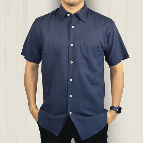 Camisa Lino Manga Corta Azul Marino