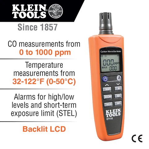 ET110 KLEIN TOOLS Detector de Monóxido de Carbono con Bolsa de Transporte y Baterías