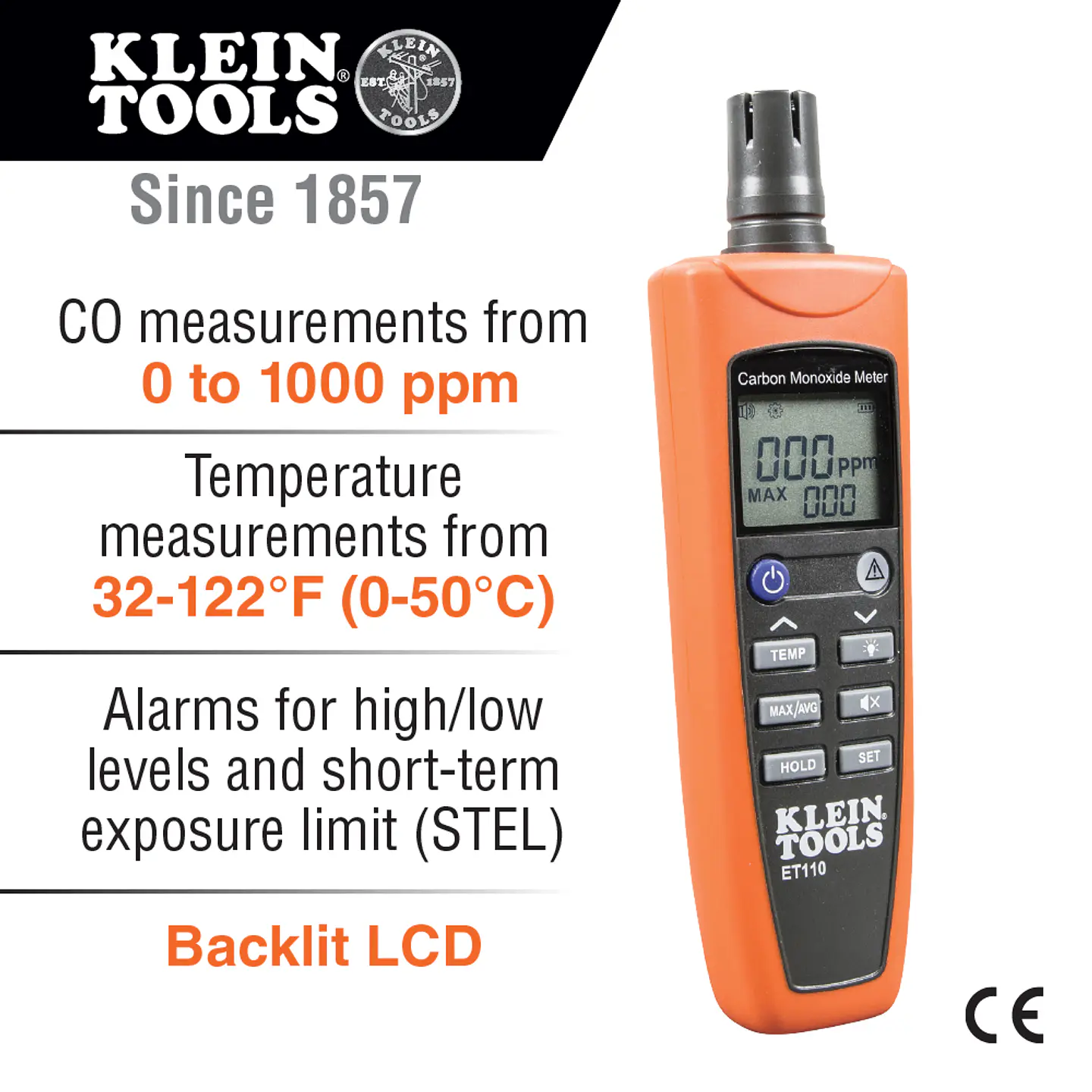 ET110 KLEIN TOOLS Detector de Monóxido de Carbono con Bolsa de Transporte y Baterías 1