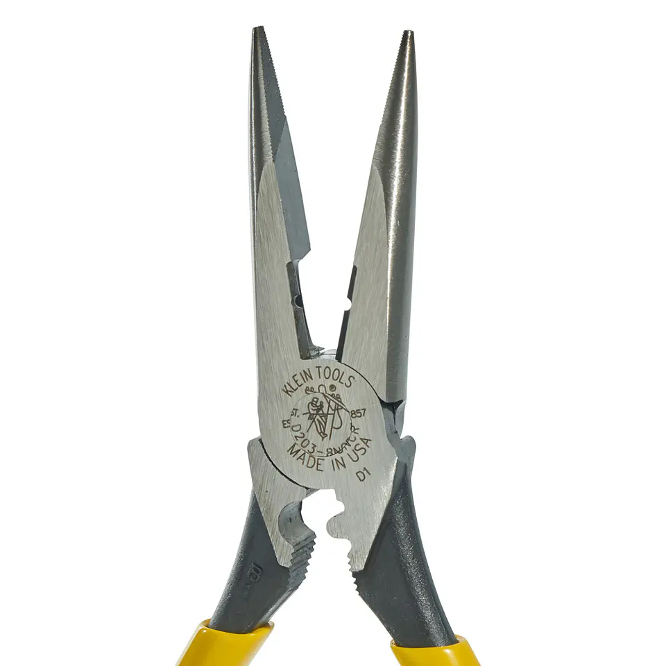 D203-8NCR KLEIN TOOLS Pinzas de Punta Larga con Cortadores Laterales, Desforradora y Crimpadora, 8 Pulgadas 1