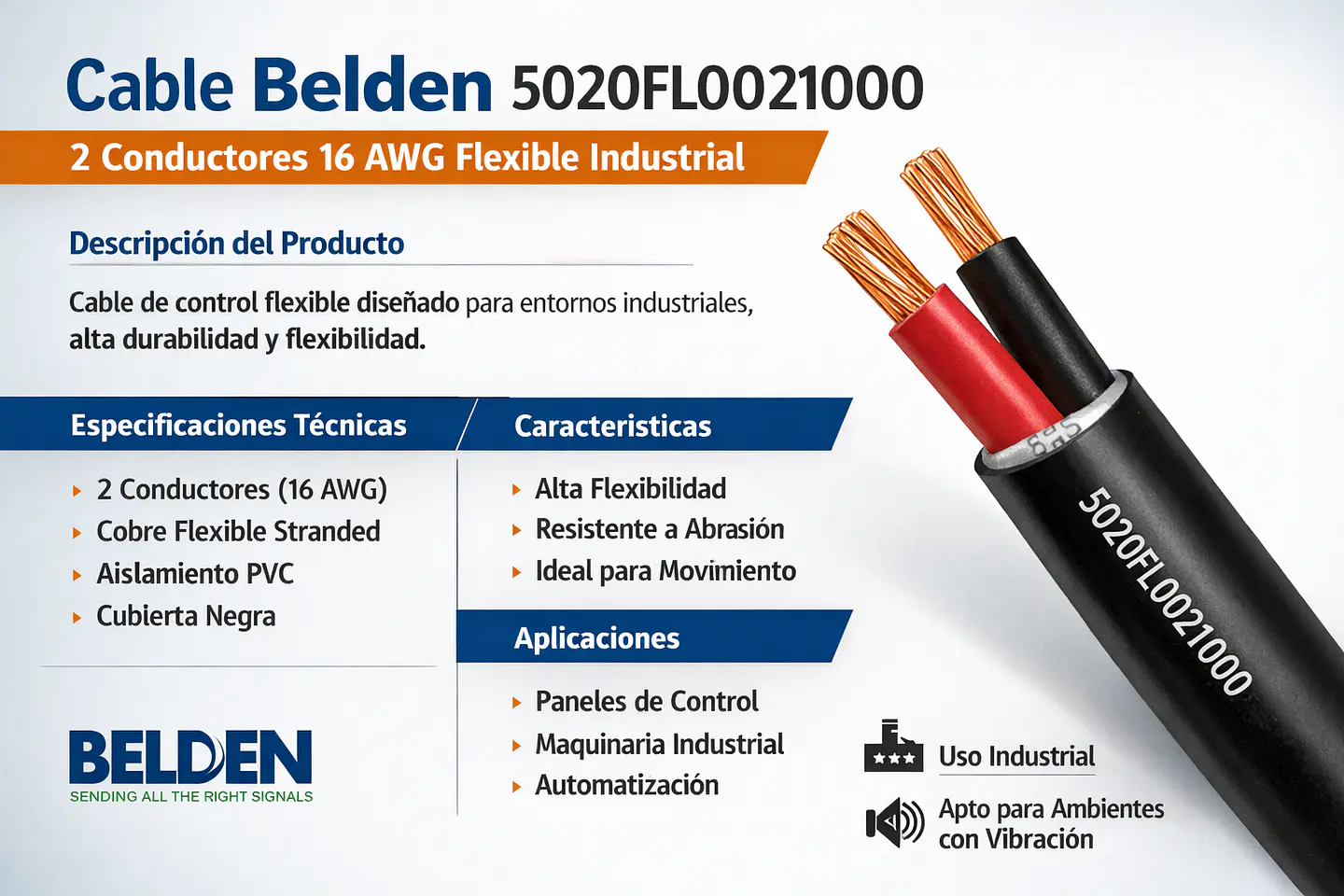 Belden 5020FL0021000 2 Conductores 16 AWG Flexible Industrial 2