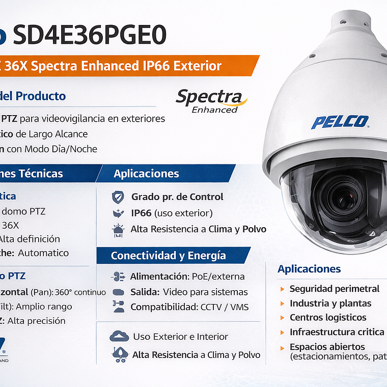 Pelco SD4E36PGE0 Cámara PTZ 36X Spectra Enhanced IP66 Exterior 2