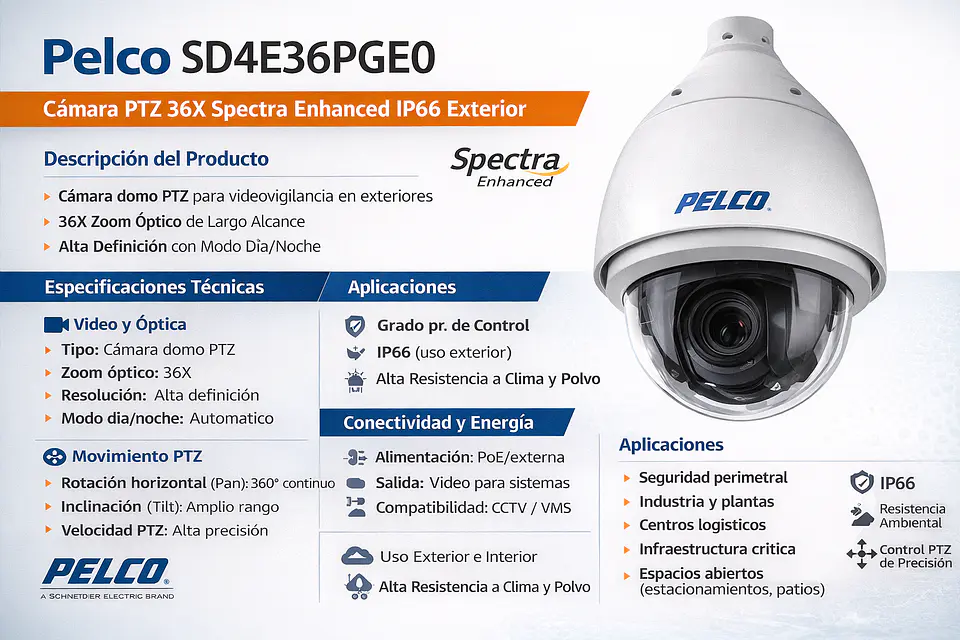 Pelco SD4E36PGE0 Cámara PTZ 36X Spectra Enhanced IP66 Exterior 2