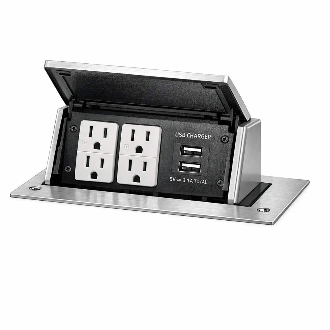 DQFP15UST2A BTICINO Caja para escritorio de 2 gangs con apertura a 45°, incluye contacto duplex de 15A con protección infantil - Acero Inoxidable 1