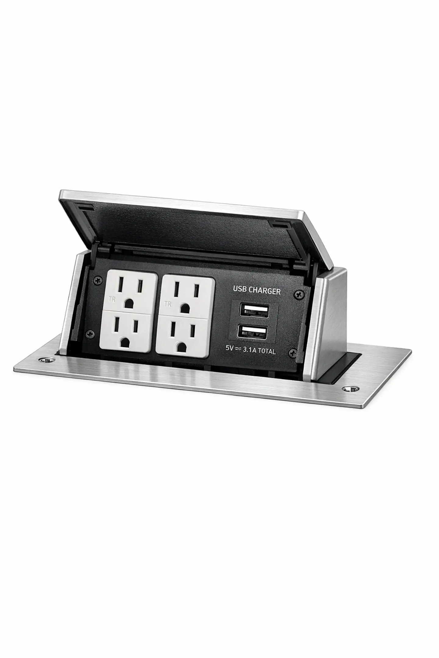 DQFP15UST2A BTICINO Caja para escritorio de 2 gangs con apertura a 45°, incluye contacto duplex de 15A con protección infantil - Acero Inoxidable 1