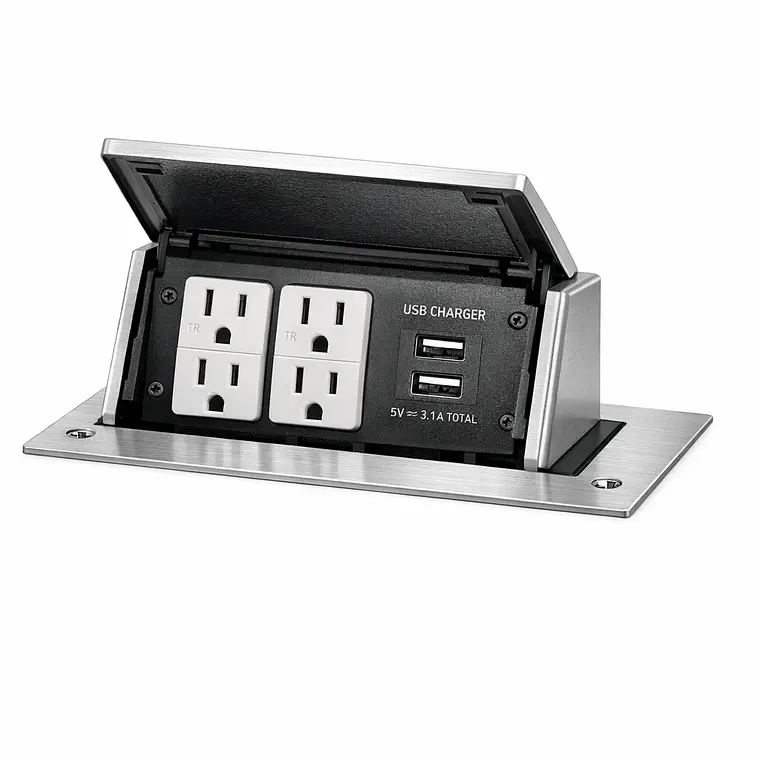 DQFP15UST2A BTICINO Caja para escritorio de 2 gangs con apertura a 45°, incluye contacto duplex de 15A con protección infantil - Acero Inoxidable 1