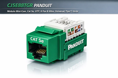 CJ5E88TGR PANDUIT Módulo Mini-Com, Cat 5e, UTP, 8 pos 8 hilos, Universal, tipo T, Verde