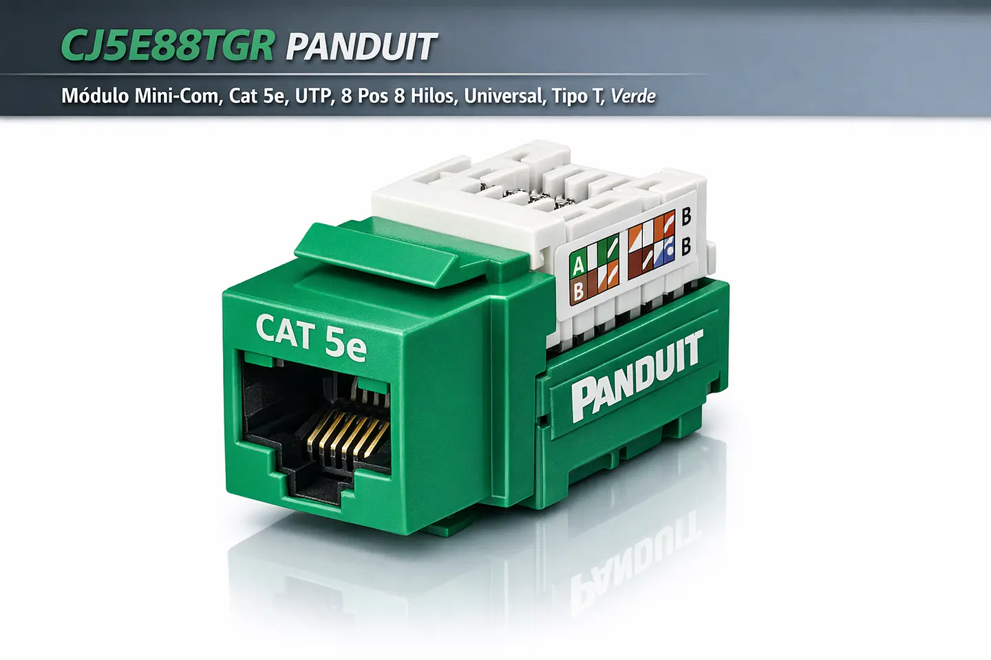 CJ5E88TGR PANDUIT Módulo Mini-Com, Cat 5e, UTP, 8 pos 8 hilos, Universal, tipo T, Verde 1