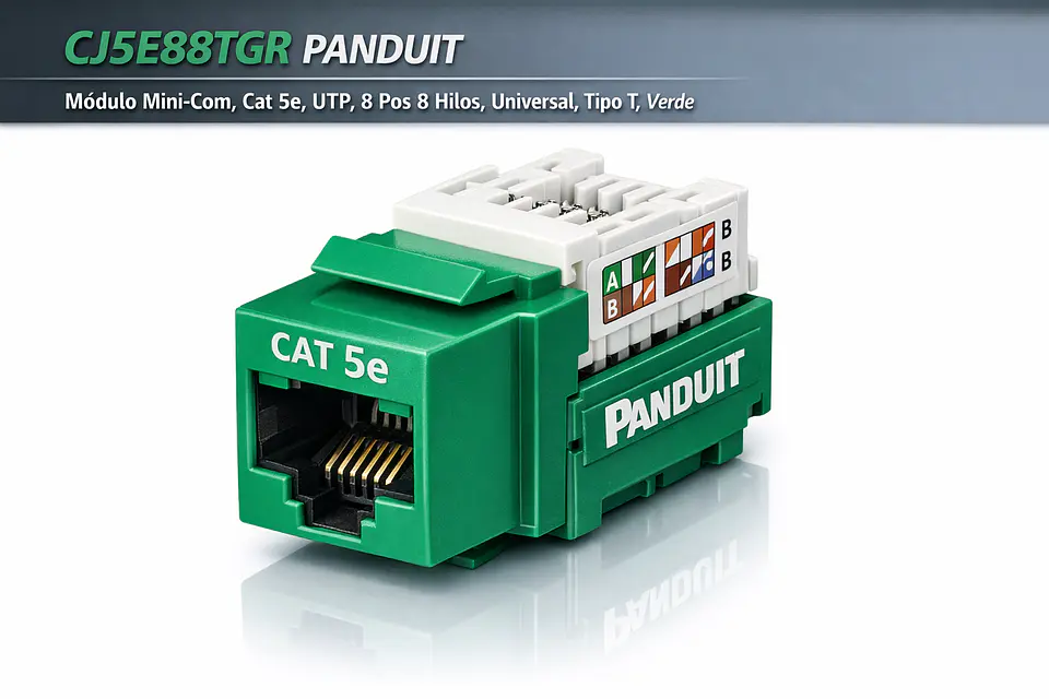 CJ5E88TGR PANDUIT Módulo Mini-Com, Cat 5e, UTP, 8 pos 8 hilos, Universal, tipo T, Verde 1