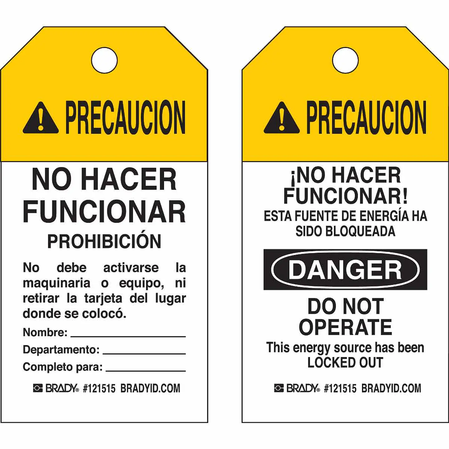121515 BRADY Etiqueta de precaución, superficie para escribir, poliéster de alta resistencia, inglés/español, paquete de 25 1